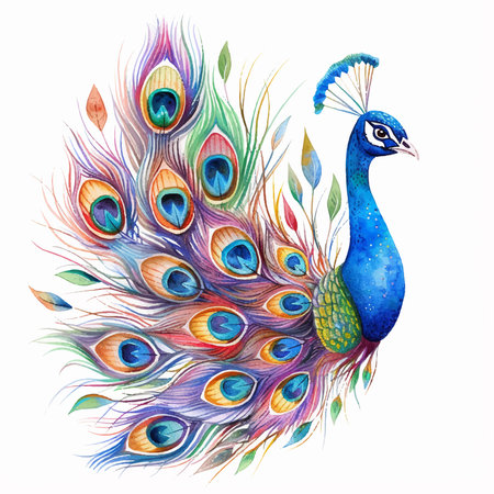 Peacock with colorful feathers isolated on white background. Watercolor illustrationのイラスト素材