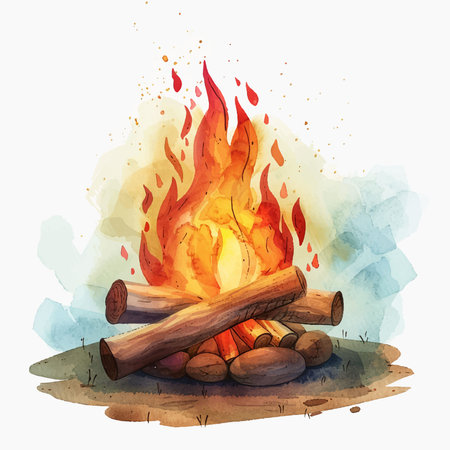 Watercolor bonfire with firewood on white background. Vector illustration.のイラスト素材