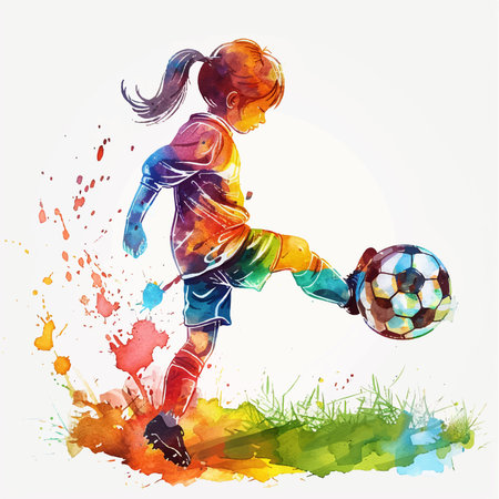 Illustration of a child playing soccer with watercolor splashes.のイラスト素材