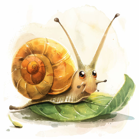 Garden snail on a green leaf. Watercolor hand drawn illustrationのイラスト素材