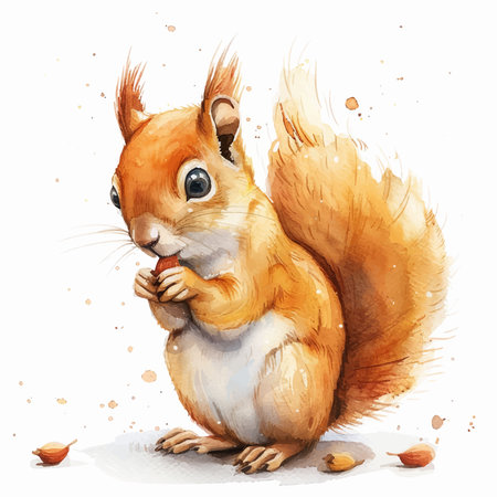 Squirrel with nut. Watercolor hand drawn illustration isolated on white backgroundのイラスト素材