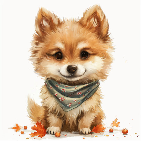 Pomeranian dog with scarf and autumn leaves, digital art illustrationのイラスト素材