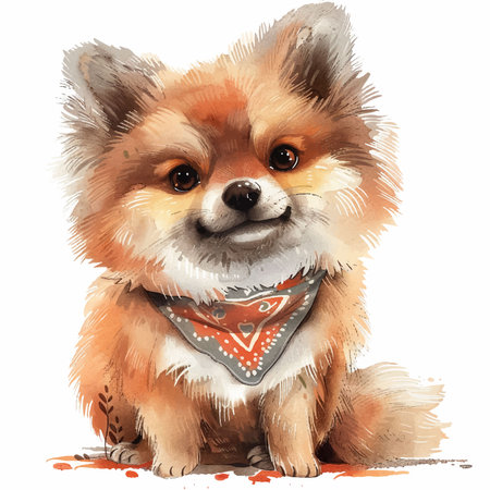 Pomeranian dog in a bandana. Watercolor illustration.のイラスト素材