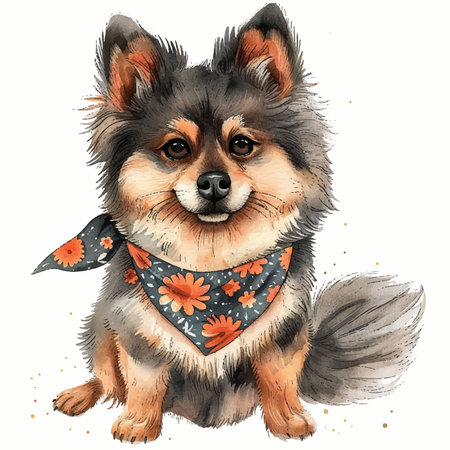 Cute Pomeranian dog in a scarf. Vector illustration.のイラスト素材
