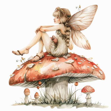 Little fairy sitting on a fly agaric. Watercolor illustrationのイラスト素材