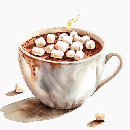 Cup of hot chocolate with marshmallows, watercolor illustrationのイラスト素材