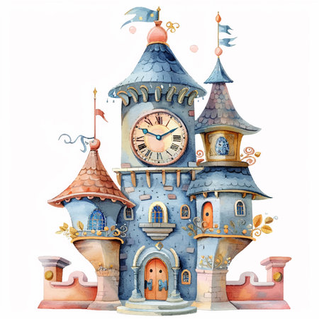 Watercolor illustration of fairytale castle. Hand drawn watercolor illustrationのイラスト素材