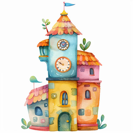 Watercolor illustration of a colorful children's castle on a white backgroundのイラスト素材