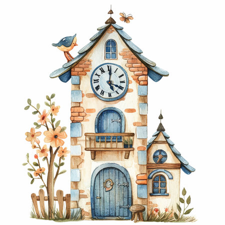 Watercolor illustration of a beautiful cartoon house with clock and bird.のイラスト素材