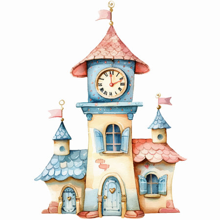 Watercolor hand drawn illustration of a fairy tale castle isolated on white backgroundのイラスト素材