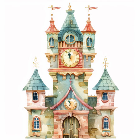 Watercolor fairytale castle. Hand drawn illustration isolated on white backgroundのイラスト素材