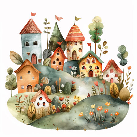 Watercolor village with houses, trees and flowers. Hand drawn illustrationのイラスト素材