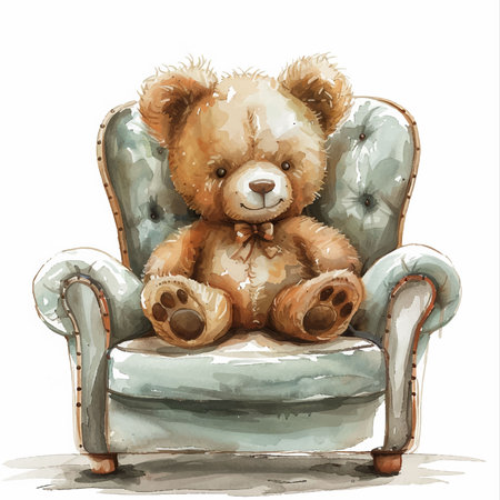 Cute teddy bear sitting in armchair. Watercolor illustrationのイラスト素材