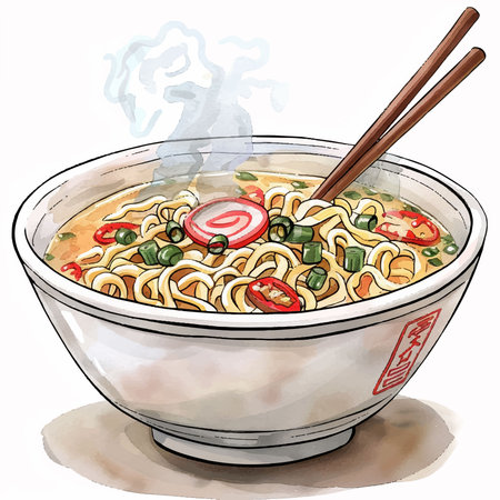 Illustration of a bowl of noodle soup with chopsticks.のイラスト素材