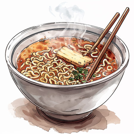 Illustration of a bowl of japanese ramen with chopsticksのイラスト素材
