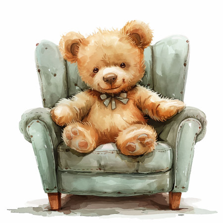 Cute teddy bear sitting in armchair. Watercolor illustrationのイラスト素材