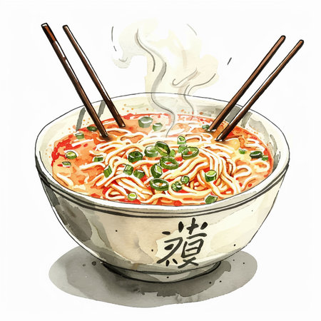 Illustration of Japanese ramen noodle in bowl with chopsticksのイラスト素材