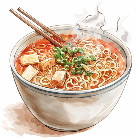 Illustration of a bowl of miso ramen noodles with chopsticksのイラスト素材