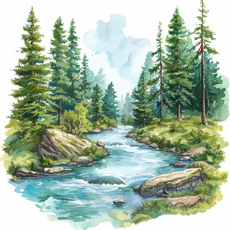 Watercolor mountain landscape with coniferous forest and river. Vector illustrationのイラスト素材