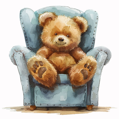 Teddy bear sitting in armchair. Watercolor hand drawn illustrationのイラスト素材