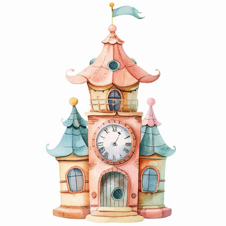 Watercolor hand drawn illustration of a fairy tale castle with a clockのイラスト素材