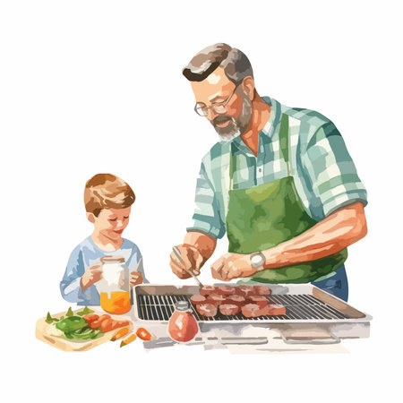 Grandfather and grandson cooking meat on barbecue grill, vector illustration.のイラスト素材