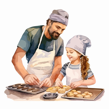 Cute little girl baking cookies with her father. Vector illustration.のイラスト素材