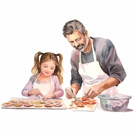 Father and daughter baking cookies. Vector illustration isolated on white background.のイラスト素材