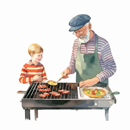 Grandfather and grandson cooking meat on barbecue grill. Vector illustration.のイラスト素材