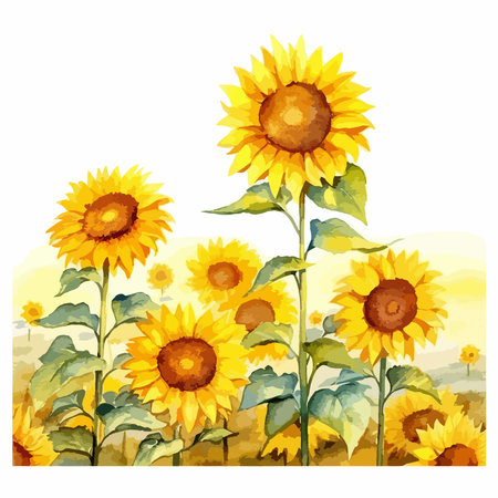 Sunflowers on the background of the field. Vector illustration.のイラスト素材