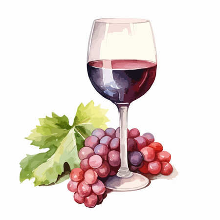 Illustration of a glass of red wine and grapes on a white backgroundのイラスト素材