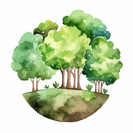 Watercolor trees on the meadow. Hand drawn vector illustration.のイラスト素材
