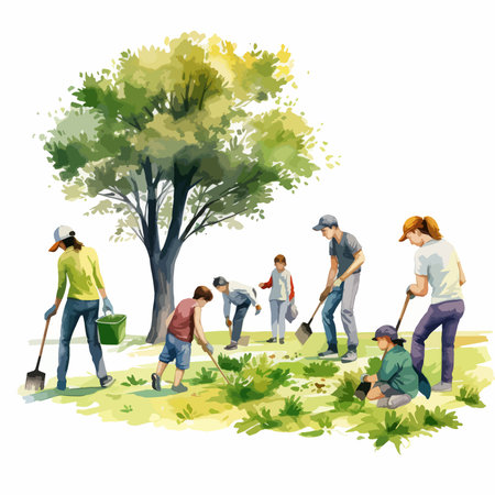 Gardening vector illustration. People working in the garden, planting trees.のイラスト素材