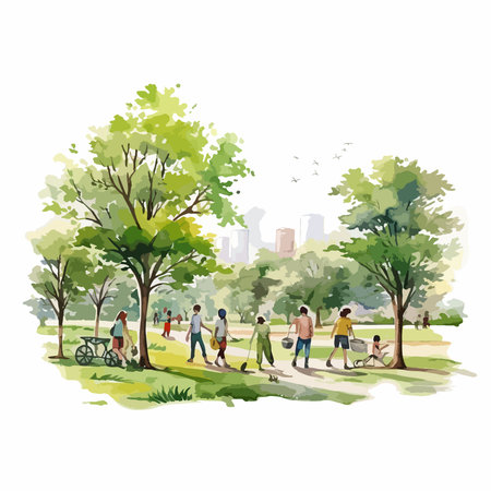 People walking in the park. Vector illustration of people walking in the park.のイラスト素材