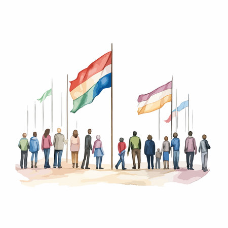 Group of people with flags on a white background. Vector illustration.のイラスト素材