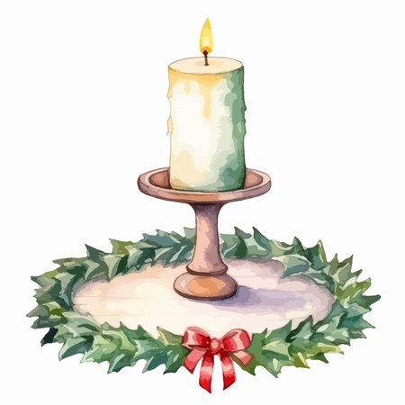Christmas wreath with burning candle. Vector illustration on white background.のイラスト素材