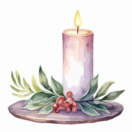 Watercolor christmas candle with leaves and berries. Vector illustration.のイラスト素材