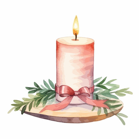 Watercolor Christmas candle with a red bow on a white background.のイラスト素材