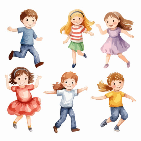 Cute kids jumping, running and jumping in different poses, vector illustrationのイラスト素材