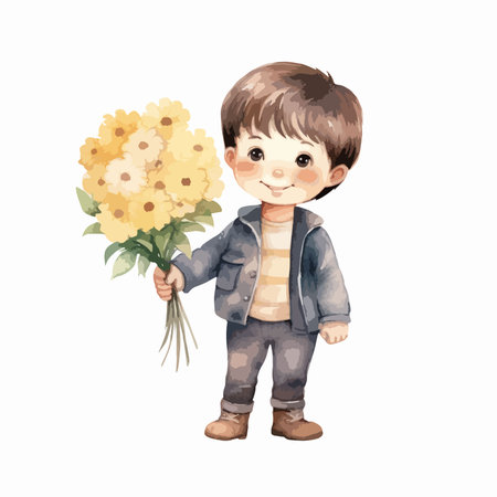 Cute boy with a bouquet of flowers. Watercolor illustrationのイラスト素材