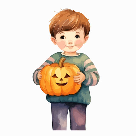 Boy holding a pumpkin for Halloween. Vector illustration on white background.のイラスト素材
