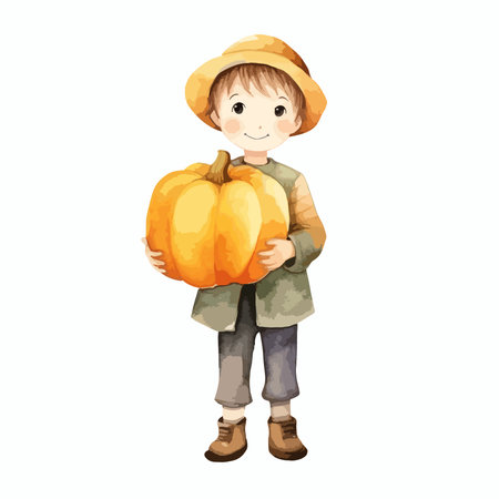 Little boy in a hat with a big pumpkin. Vector illustration.のイラスト素材