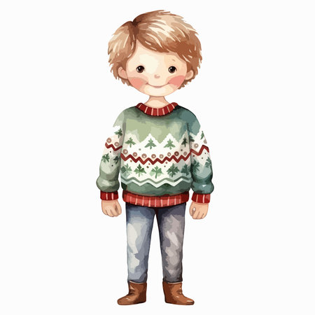 Illustration of a Cute Little Boy Wearing a Christmas Sweaterのイラスト素材