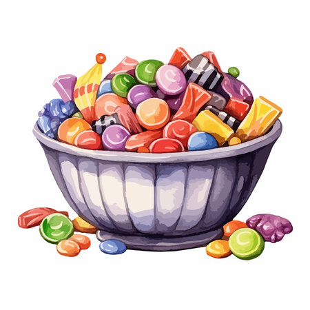 Colorful candies in bowl, cartoon vector illustration isolated on white background.のイラスト素材