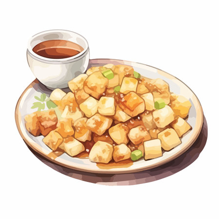 Illustration of fried tofu and soy sauce on a white background.のイラスト素材