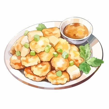 Illustration of fried dumplings with sweet and sour sauce.のイラスト素材