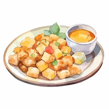 Illustration of fried tofu with sauce on a plate. Vector illustration.のイラスト素材