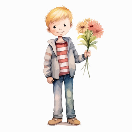 Cute little boy with bouquet of flowers. Vector illustration.のイラスト素材