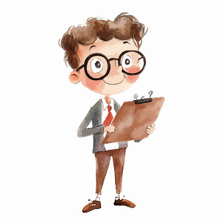 Illustration of a Cute Kid Boy Wearing Glasses and Holding a Clipboardのイラスト素材