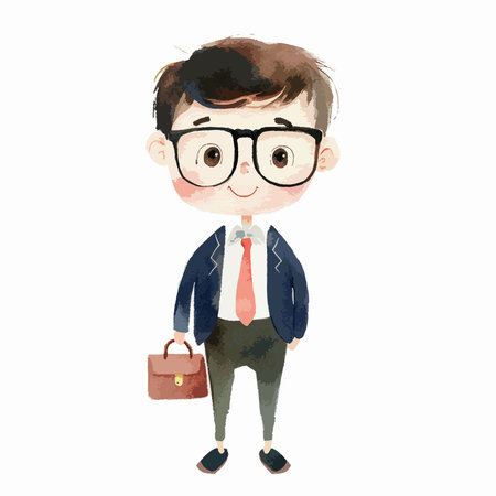 Illustration of a schoolboy with glasses and a briefcase.のイラスト素材